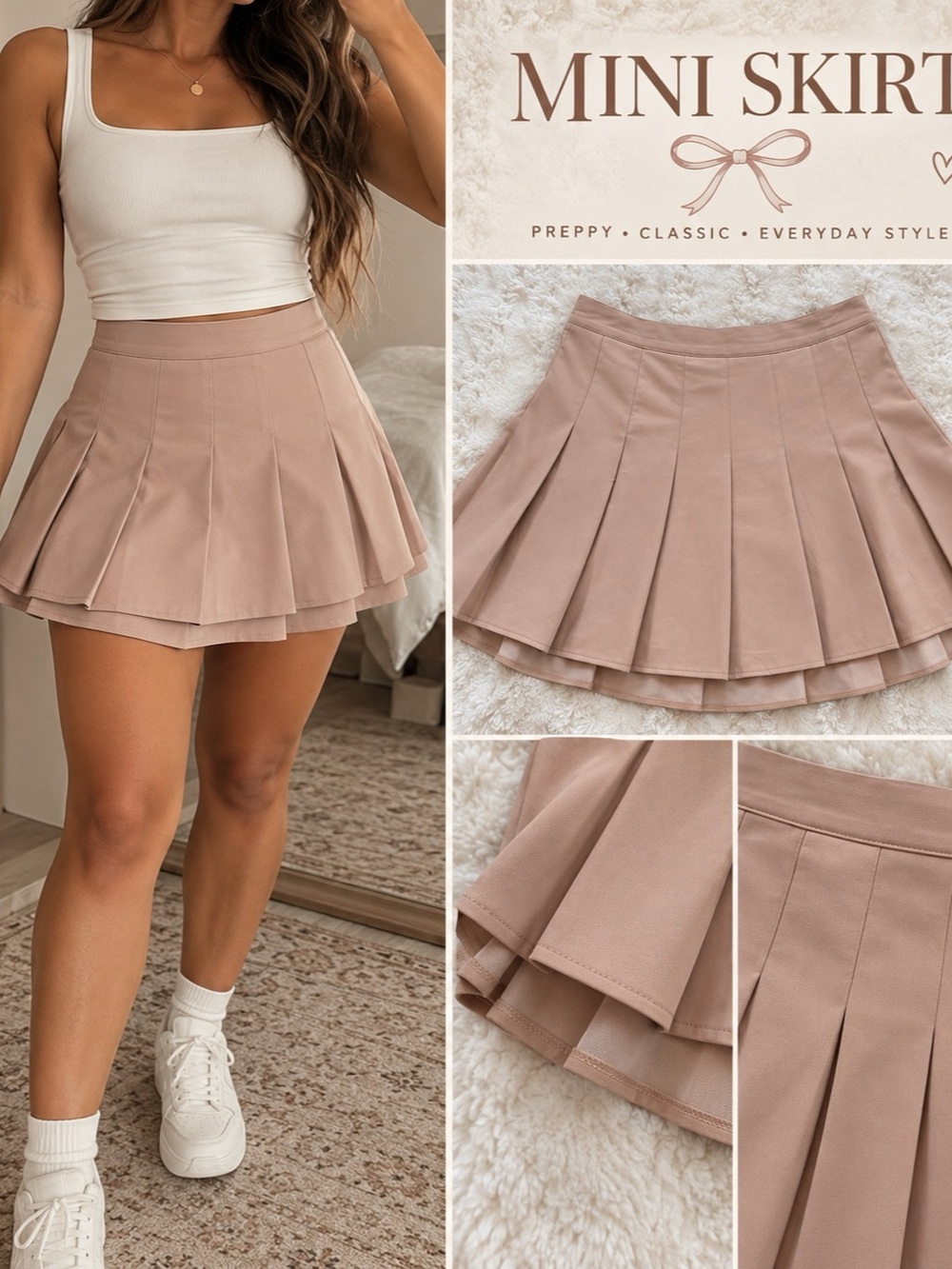 Pleated Mini Skirt in Khaki Like New